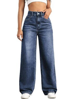 Women's Dark Blue High Waisted Wide Denim Pants Baggy Trendy Straight Leg Jeans